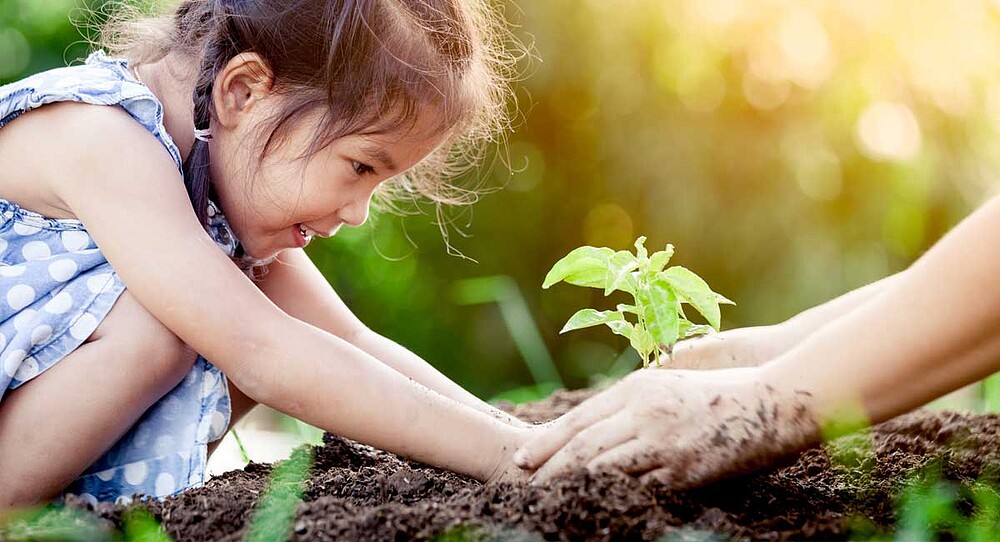 Una niña planta un árbol con la ayuda de su padre